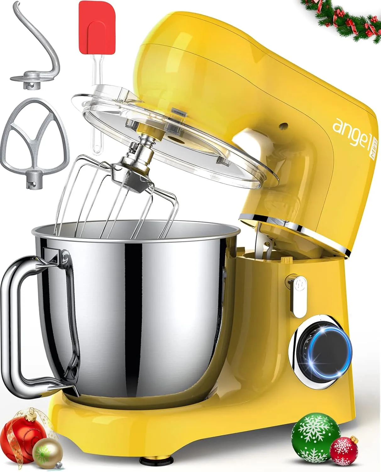 Mini Angel Stand Mixer,10-Speed Kitchen Electric Mixer,Tilt-Head Food Mixer with Dough Hook, Wire Whisk, Flat Beater, Stainless Steel Bowl (5.5QT, Yellow)