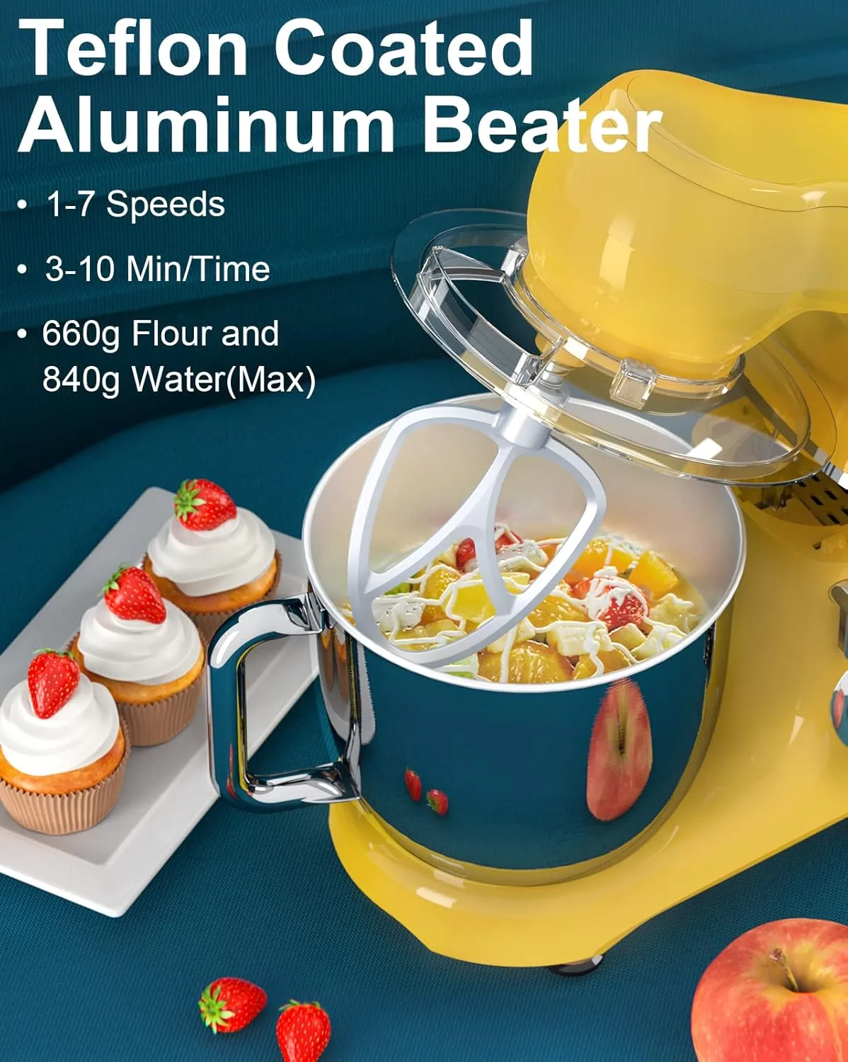 Mini Angel Stand Mixer,10-Speed Kitchen Electric Mixer,Tilt-Head Food Mixer with Dough Hook, Wire Whisk, Flat Beater, Stainless Steel Bowl (5.5QT, Yellow)