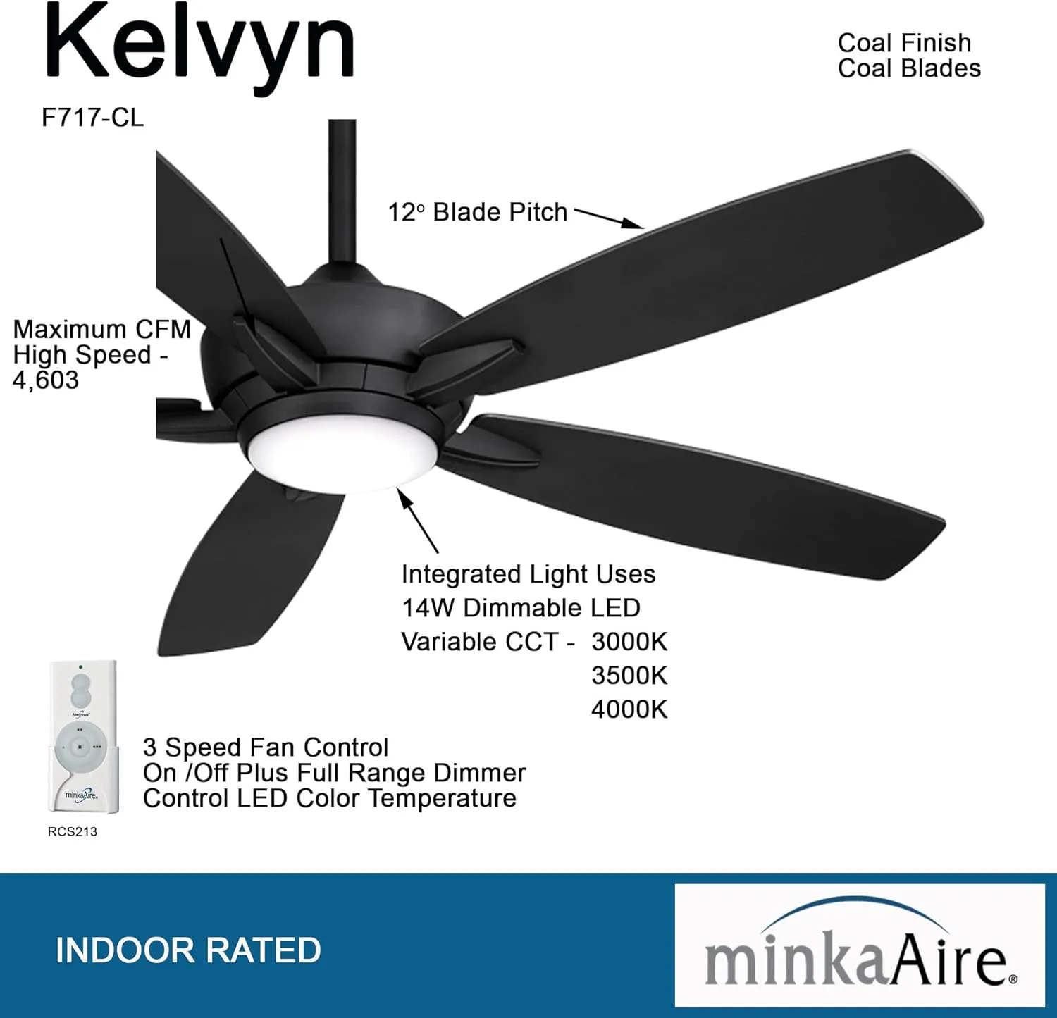 MINKA-AIRE F717L-CL Kelvyn 52-Inch Ceiling Fan with Integrated CCT LED Light Kit in Coal Finish