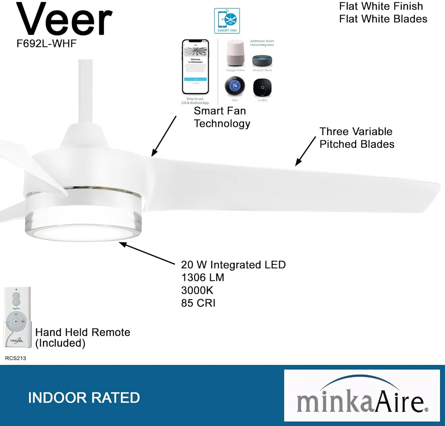 MINKA-AIRE Veer 56" LED Ceiling Fan F692L-WHF - Flat White