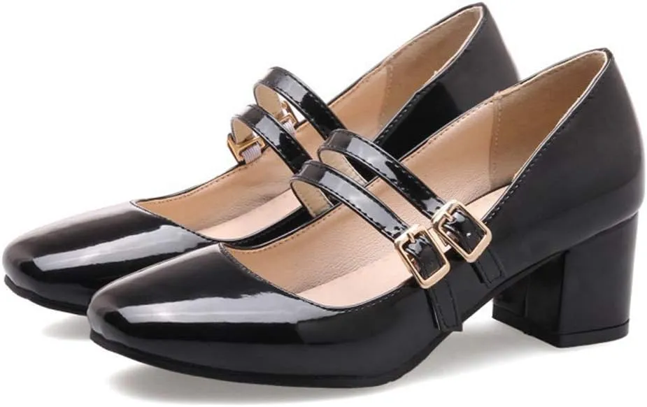 MIOKE Women's Mary Jane Pump Oxford Square Toe Patent Leather Buckle Strap Chunky Mid Heel Retro Dress Shoes
