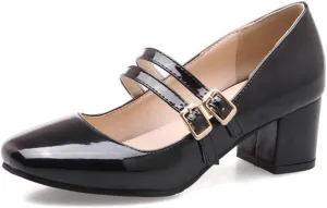 MIOKE Women's Mary Jane Pump Oxford Square Toe Patent Leather Buckle Strap Chunky Mid Heel Retro Dress Shoes