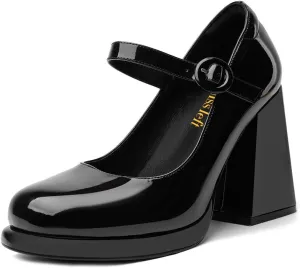 miss left Women's Platform Closed Round Toe Pumps Mary Janes Glossy Leather Ankle Strap Chunky High Heels Girls Party Dressy Shoes Size 4-16 US