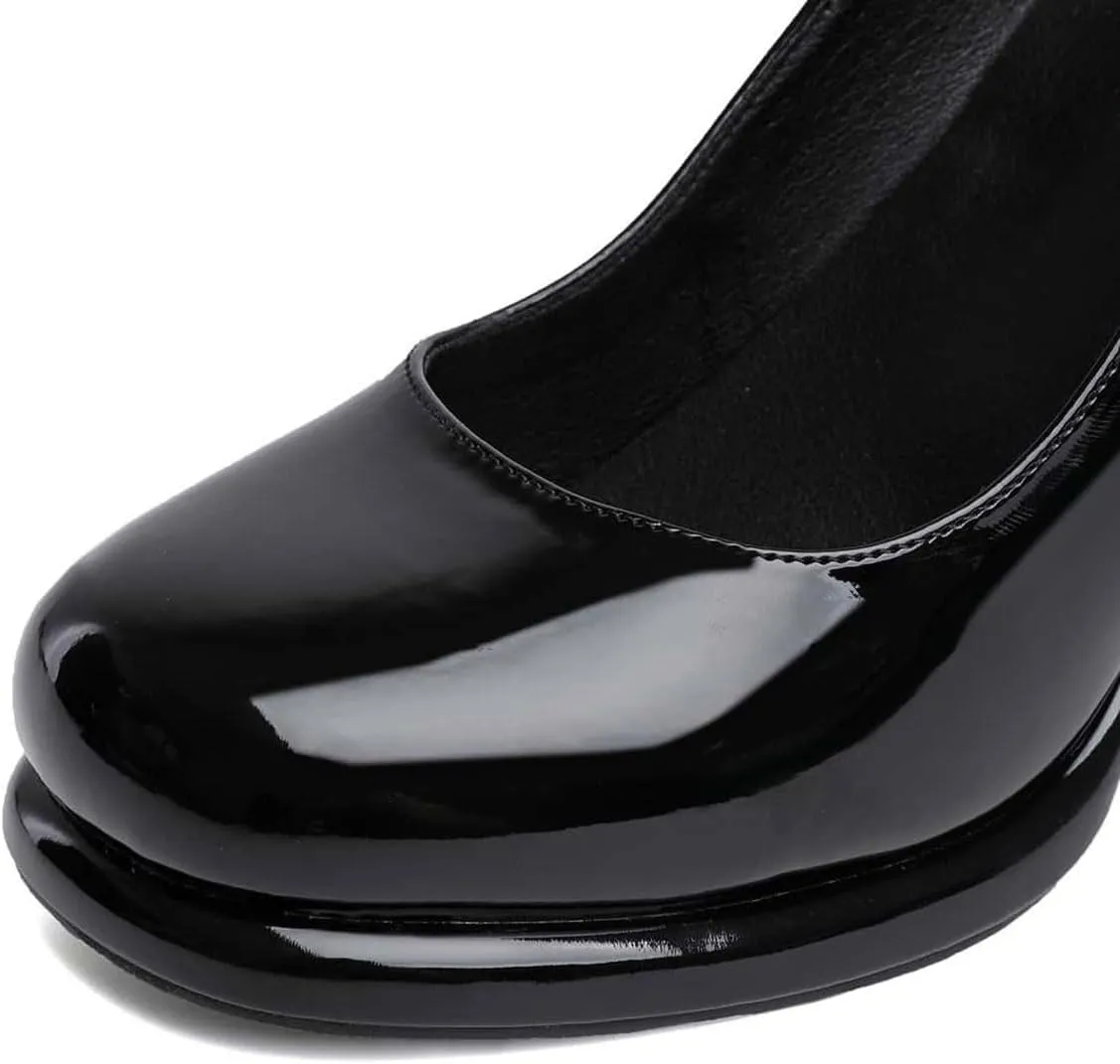 miss left Women's Platform Closed Round Toe Pumps Mary Janes Glossy Leather Ankle Strap Chunky High Heels Girls Party Dressy Shoes Size 4-16 US