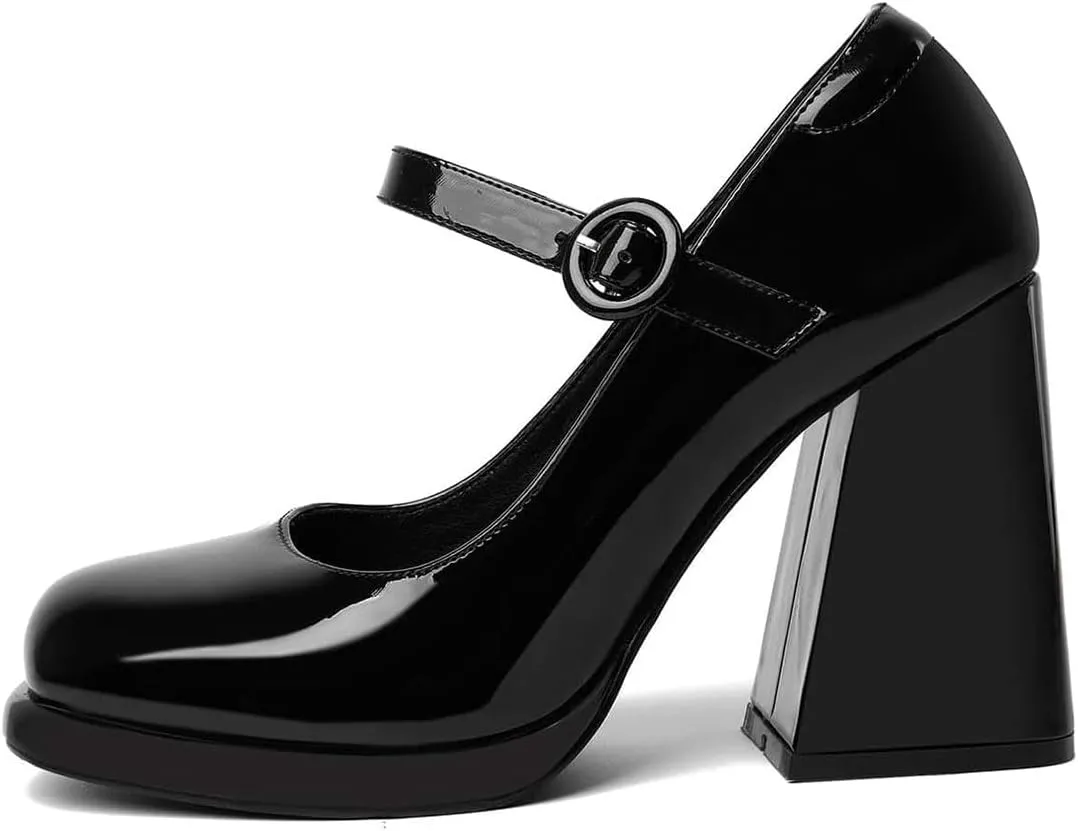 miss left Women's Platform Closed Round Toe Pumps Mary Janes Glossy Leather Ankle Strap Chunky High Heels Girls Party Dressy Shoes Size 4-16 US