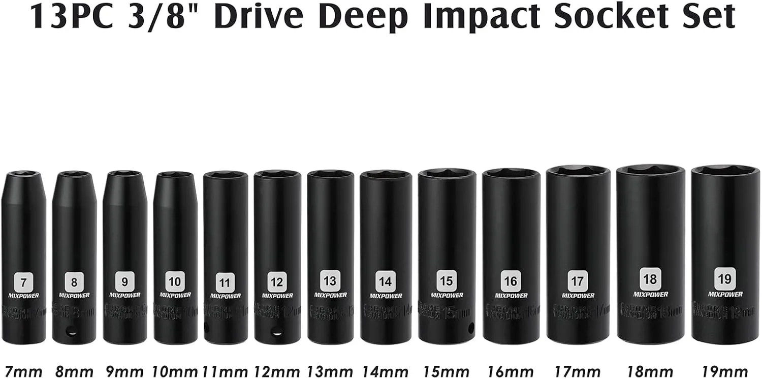 MIXPOWER 13 Pieces 3/8-Inch Drive Deep Impact Socket Set, 7mm to 19mm, CR-V, Metric, 6 Point, Deep, 13 Pieces 3/8" Dr. Socket