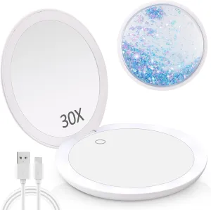 MIYADIVA Lighted Makeup Mirror with Magnification 1x/30x Lighted Magnifying Mirror, 4.8 Inch Portable for Travel Handbag,Compact Mirror with Light,Gift for Your loveone,Blue