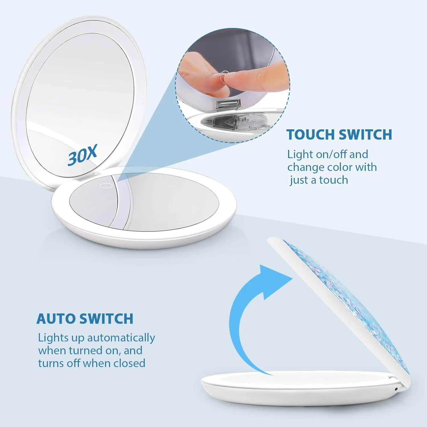 MIYADIVA Lighted Makeup Mirror with Magnification 1x/30x Lighted Magnifying Mirror, 4.8 Inch Portable for Travel Handbag,Compact Mirror with Light,Gift for Your loveone,Blue