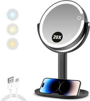 MIYADIVA Makeup Mirror with Lights,20X Magnifying Mirror with Light and Touch Switch,Vanity Mirror with 3 Color Light and 80 LEDs,2-Sided Lighted Magnified Mirror 8.8 Inches, Black