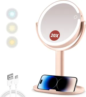 MIYADIVA Makeup Mirror with Lights,20X Magnifying Mirror with Light and Touch Switch,Vanity Mirror with 3 Color Light and 80 LEDs,2-Sided Lighted Magnified Mirror 8.8 Inches, Pink