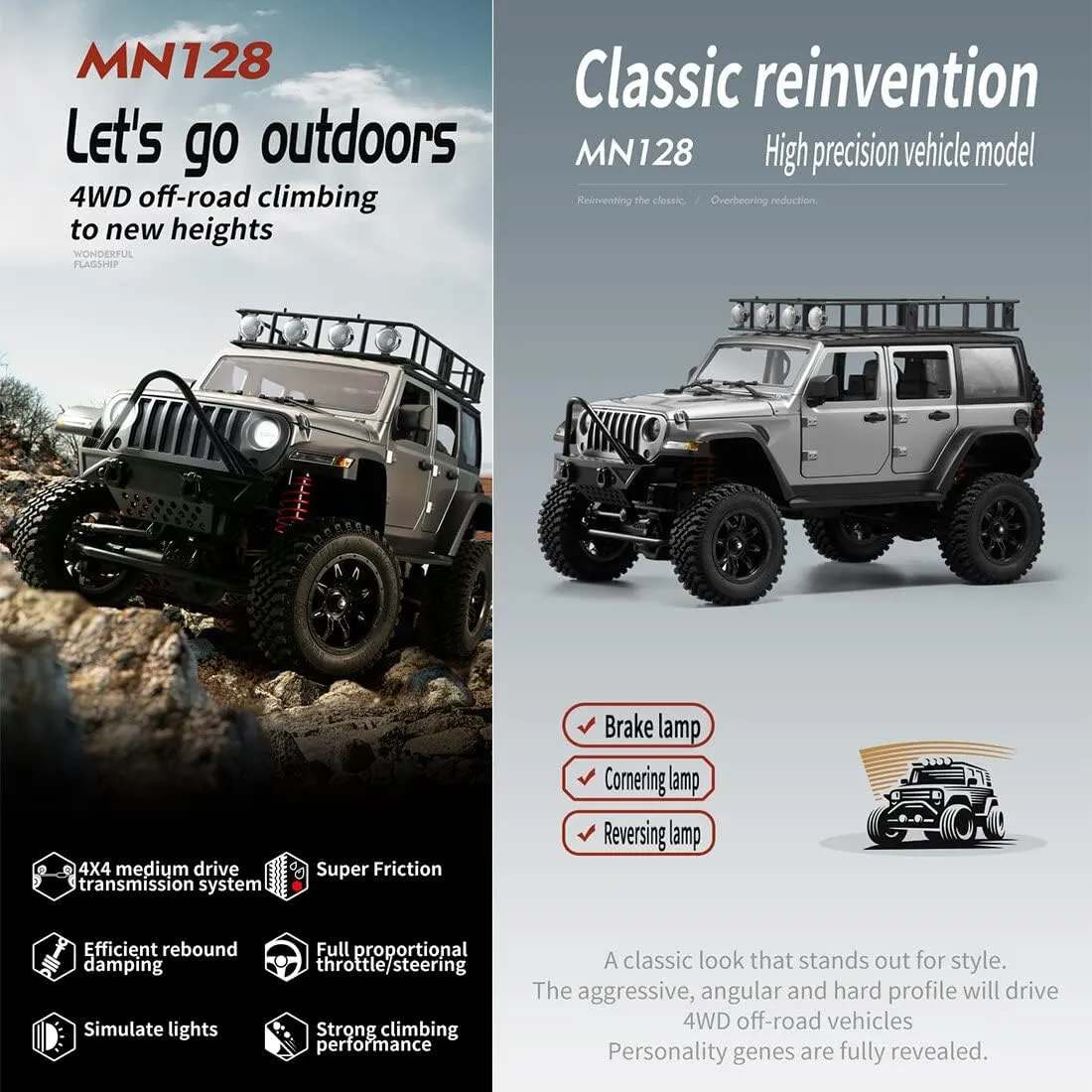 MN-128 Electric RC Climbing Car, 1/12 Scale 2.4GHz 4WD RC Car with LED Light, RC Off-Road Vehicle Toy for Enthusiasts - RTR