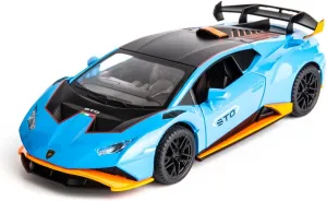 Model Car 1/24 Scale Compatible for Lambo Huracan STO Die-cast Toy Vehicle Pull Back with Light and Sound Toy Car Door Can be Open (Blue)