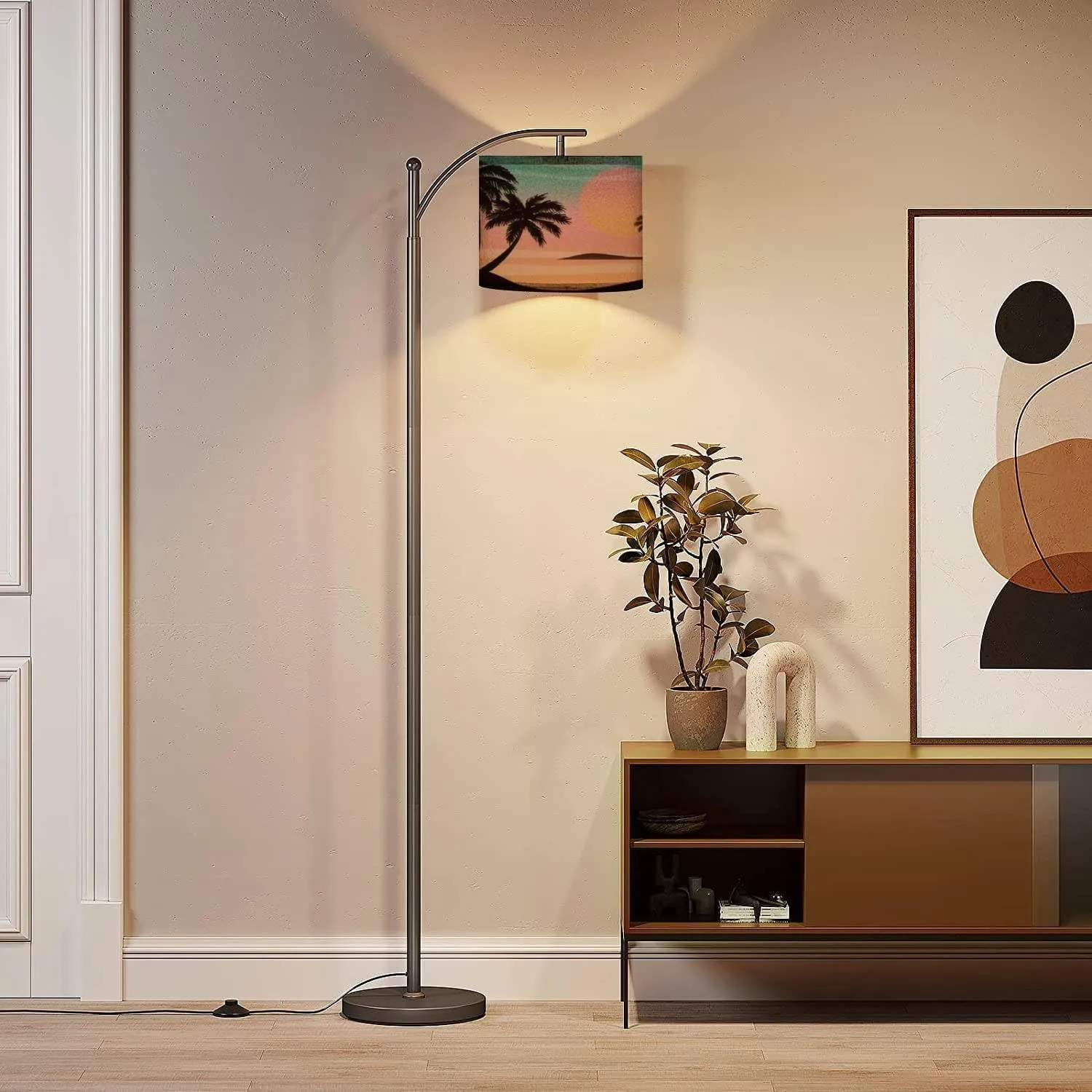 Modern Arc Floor Lamp with Dimmer Mid Century Flat Panoramic Landscape Sunset Palms Colourful Metal Standing Lamp with Linen Shade Footswitch for Living Room Bedroom Office