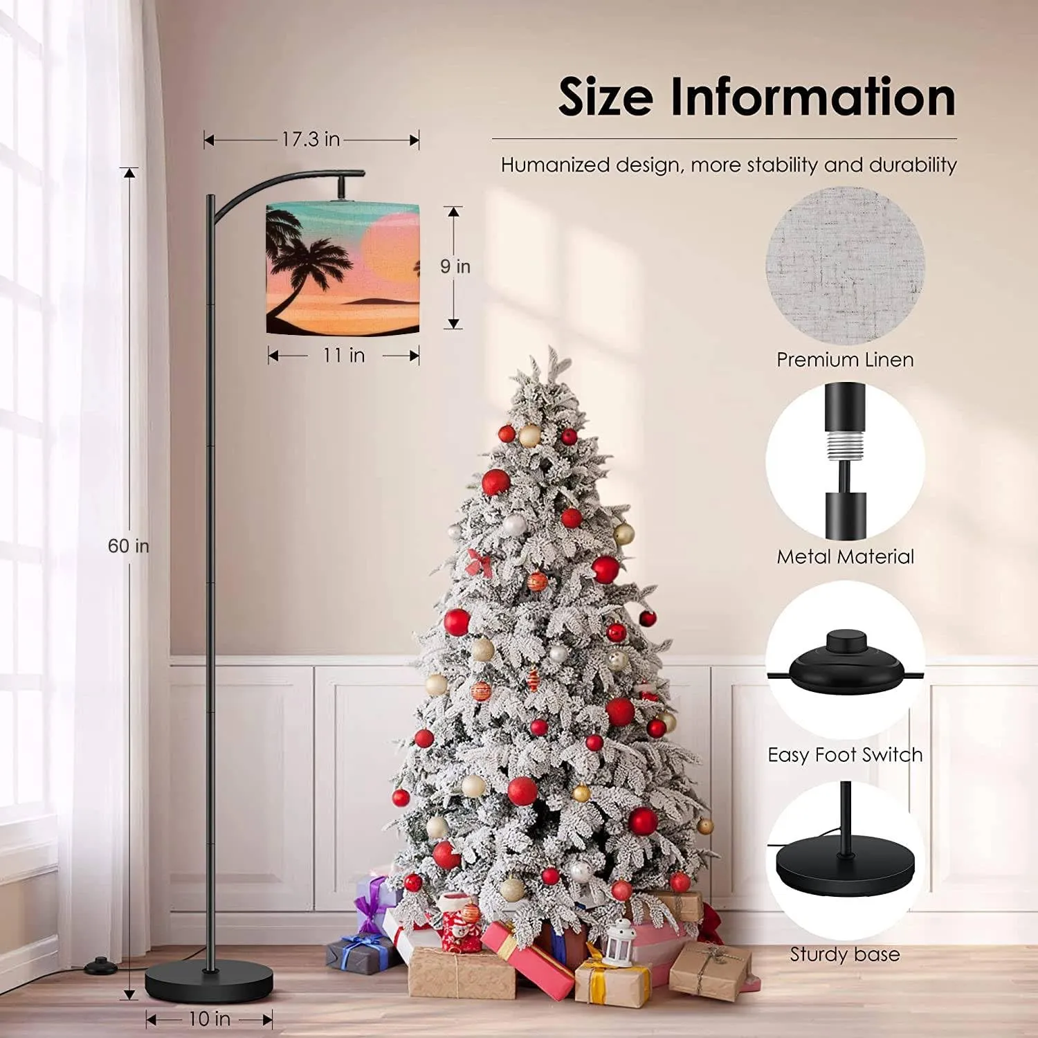 Modern Arc Floor Lamp with Dimmer Mid Century Flat Panoramic Landscape Sunset Palms Colourful Metal Standing Lamp with Linen Shade Footswitch for Living Room Bedroom Office