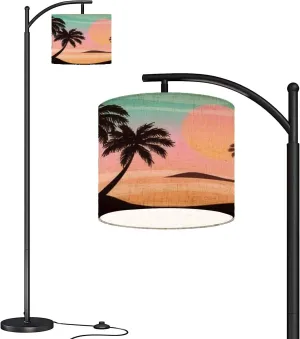 Modern Arc Floor Lamp with Dimmer Mid Century Flat Panoramic Landscape Sunset Palms Colourful Metal Standing Lamp with Linen Shade Footswitch for Living Room Bedroom Office
