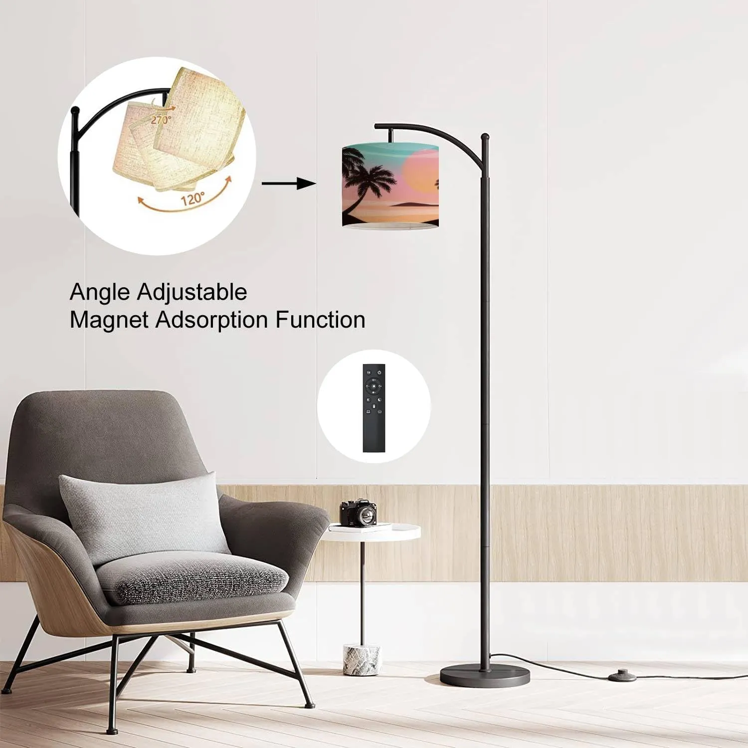 Modern Arc Floor Lamp with Dimmer Mid Century Flat Panoramic Landscape Sunset Palms Colourful Metal Standing Lamp with Linen Shade Footswitch for Living Room Bedroom Office