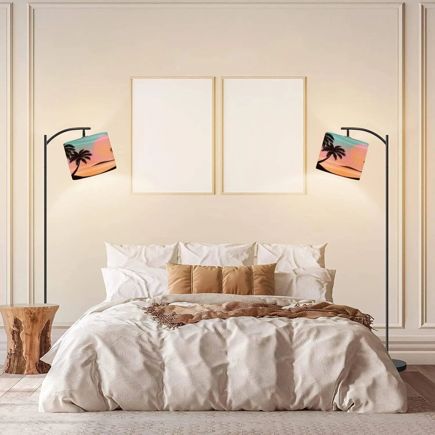 Modern Arc Floor Lamp with Dimmer Mid Century Flat Panoramic Landscape Sunset Palms Colourful Metal Standing Lamp with Linen Shade Footswitch for Living Room Bedroom Office
