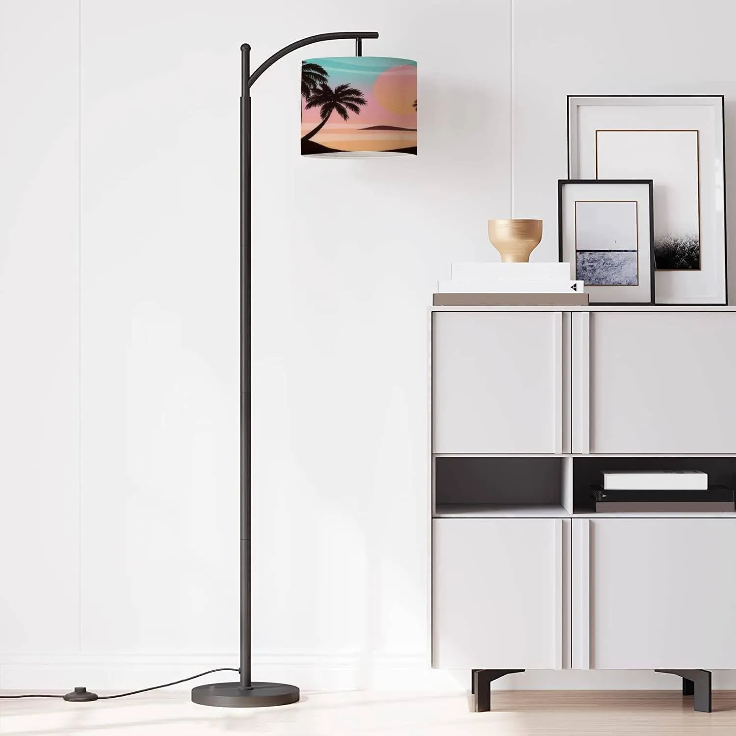 Modern Arc Floor Lamp with Dimmer Mid Century Flat Panoramic Landscape Sunset Palms Colourful Metal Standing Lamp with Linen Shade Footswitch for Living Room Bedroom Office
