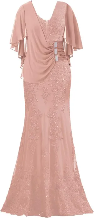 Mother of The Bride Dresses with Sleeves Long Evening Formal Party Dresses Lace Appliques Prom Dress