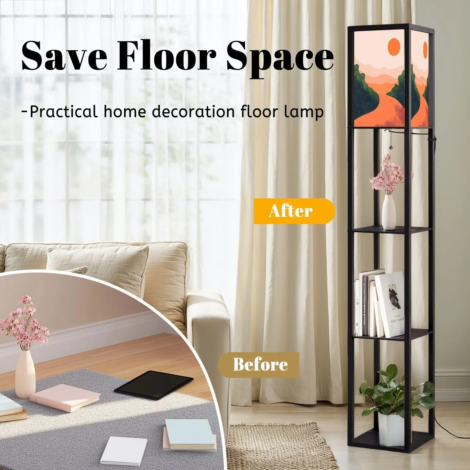 Mountain Sky Sun Paper Cut Style Flat Abstract Hand Drawn Trendy Floor Lamps with Shelves, Modern Standing Lamp Narrow Corner Display Bookshelf Lamp for Living Room, Bedroom, Office Decor