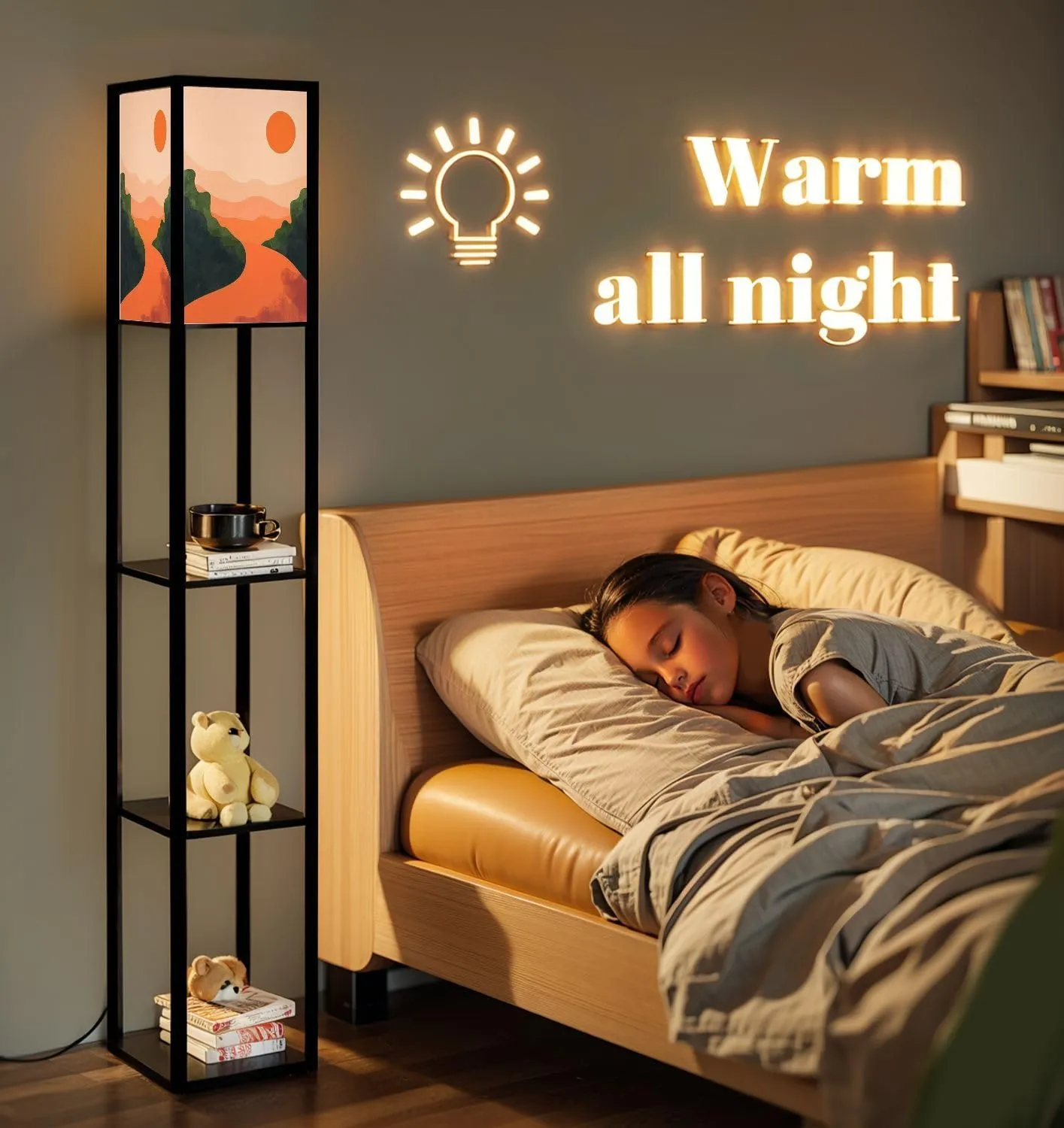Mountain Sky Sun Paper Cut Style Flat Abstract Hand Drawn Trendy Floor Lamps with Shelves, Modern Standing Lamp Narrow Corner Display Bookshelf Lamp for Living Room, Bedroom, Office Decor