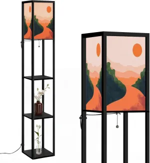 Mountain Sky Sun Paper Cut Style Flat Abstract Hand Drawn Trendy Floor Lamps with Shelves, Modern Standing Lamp Narrow Corner Display Bookshelf Lamp for Living Room, Bedroom, Office Decor