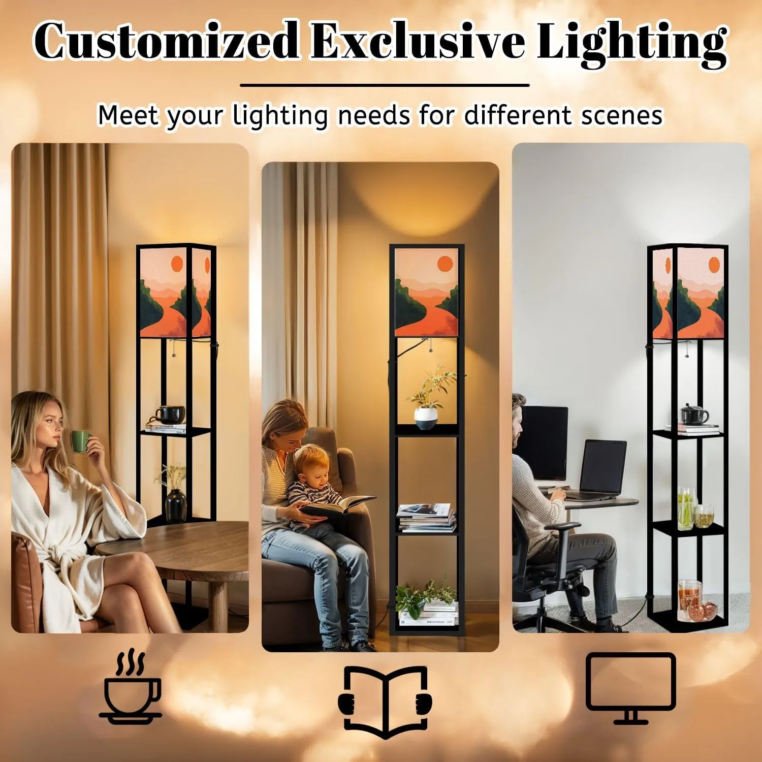 Mountain Sky Sun Paper Cut Style Flat Abstract Hand Drawn Trendy Floor Lamps with Shelves, Modern Standing Lamp Narrow Corner Display Bookshelf Lamp for Living Room, Bedroom, Office Decor