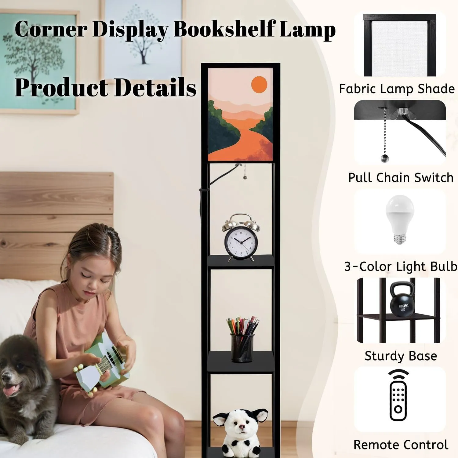 Mountain Sky Sun Paper Cut Style Flat Abstract Hand Drawn Trendy Floor Lamps with Shelves, Modern Standing Lamp Narrow Corner Display Bookshelf Lamp for Living Room, Bedroom, Office Decor
