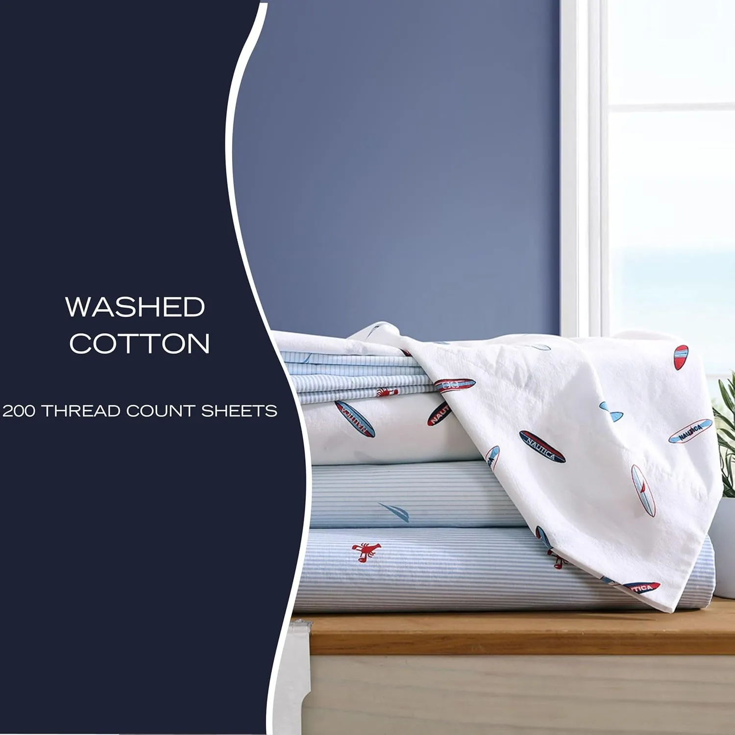 Nautica - Queen Sheets, Cotton Percale Bedding Set, Casual Home Decor (Boat Stripe Pale Blue, Queen)