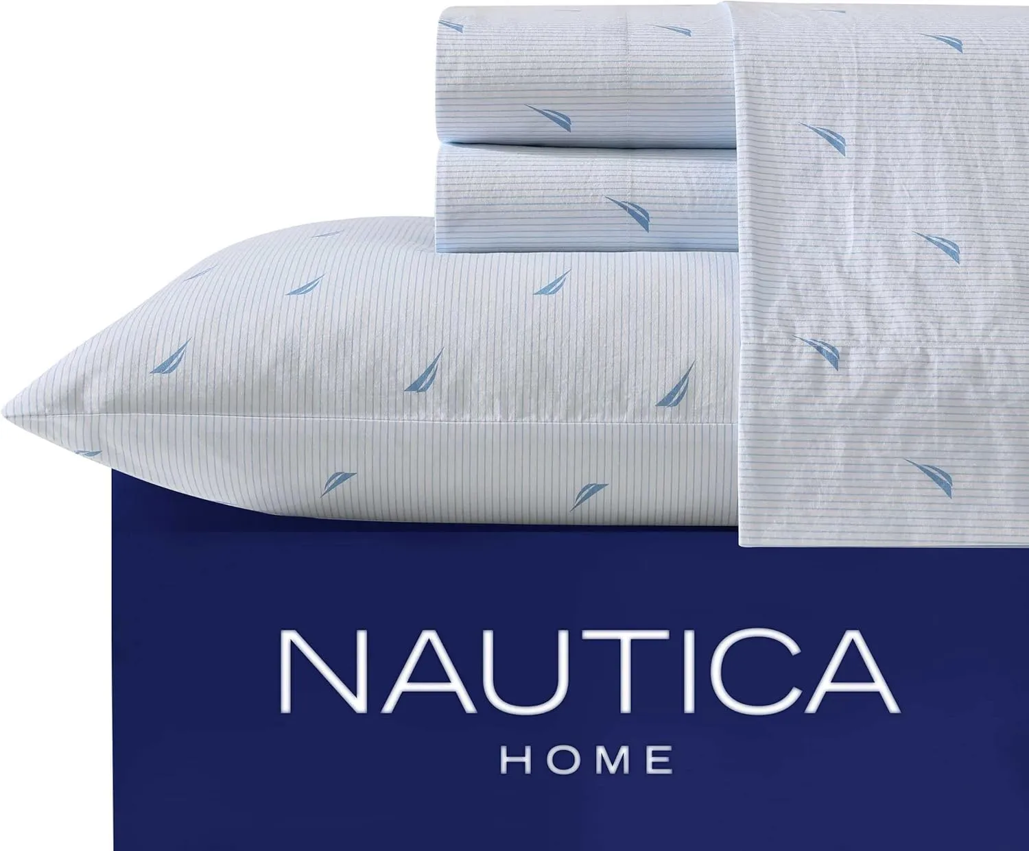Nautica - Queen Sheets, Cotton Percale Bedding Set, Casual Home Decor (Boat Stripe Pale Blue, Queen)