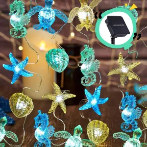 Nautical Theme Outdoor Solar Fairy Lights Ocean Décor Beach Decorative String Light Solar Power Seahorse Sea Turtle Starfish Shell Garden Night Lights 40LED 14ft Balcony Front Porch Tree Trunks