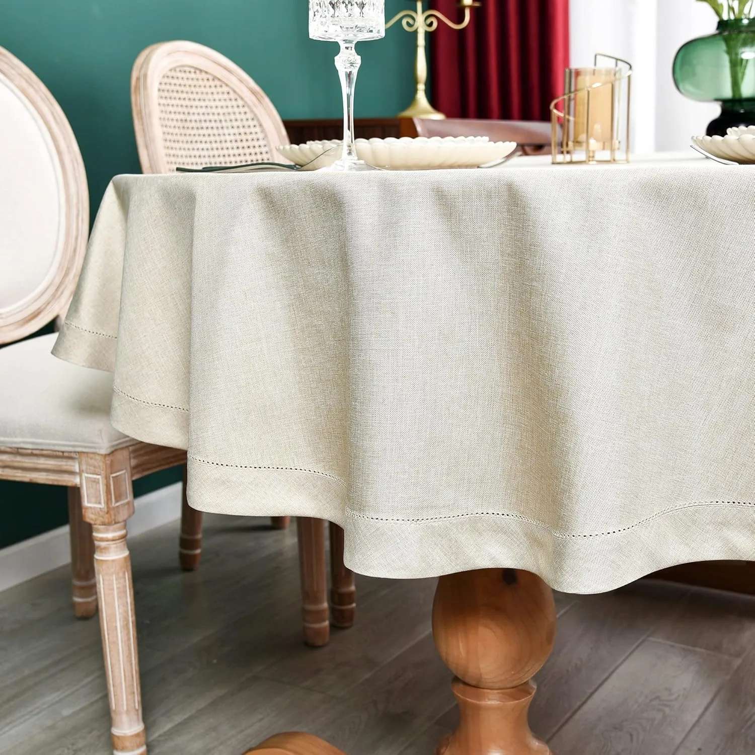 NEWISHER Farmhouse Oval Hemstitch Border Tablecloth Neutral Faux Linen Table Cloth Rustic Solid Beige Table Cover for Dining Kitchen Party Holiday Home 60x84 Inch