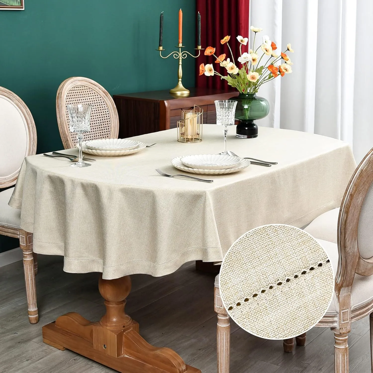 NEWISHER Farmhouse Oval Hemstitch Border Tablecloth Neutral Faux Linen Table Cloth Rustic Solid Beige Table Cover for Dining Kitchen Party Holiday Home 60x84 Inch