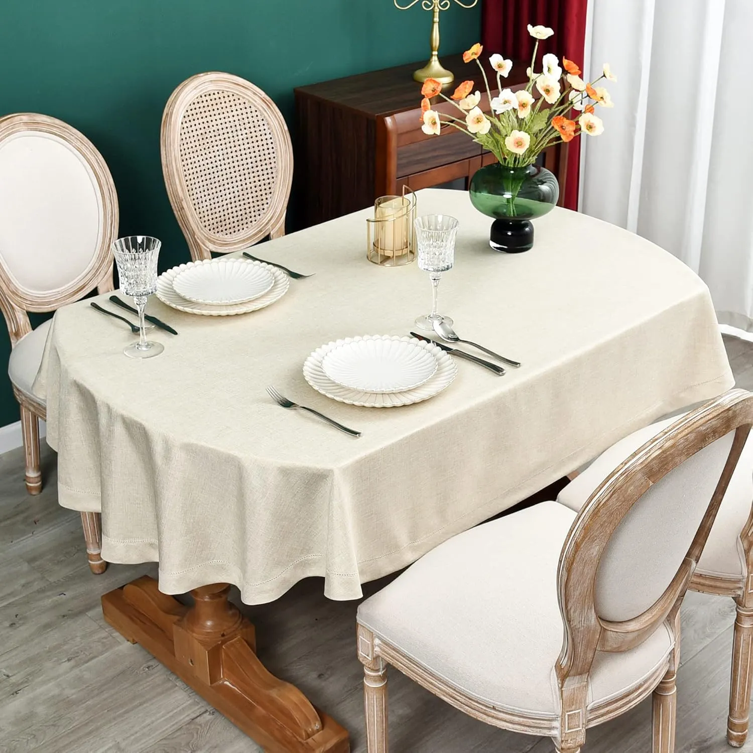 NEWISHER Farmhouse Oval Hemstitch Border Tablecloth Neutral Faux Linen Table Cloth Rustic Solid Beige Table Cover for Dining Kitchen Party Holiday Home 60x84 Inch