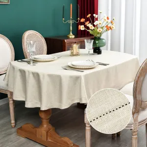 NEWISHER Farmhouse Oval Hemstitch Border Tablecloth Neutral Faux Linen Table Cloth Rustic Solid Beige Table Cover for Dining Kitchen Party Holiday Home 60x84 Inch
