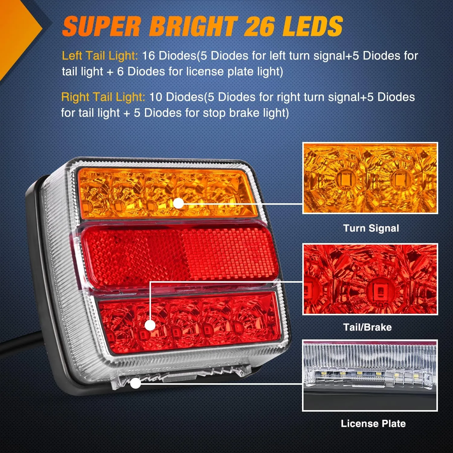 Nilight Magnetic LED Trailer Towing Light Kit 24ft Cable with 7 Pin Plug Tail Stop Amber Turn Signal License Plate Lights on 12V RV Pickup Trucks Marine Boats (5 Wire System)