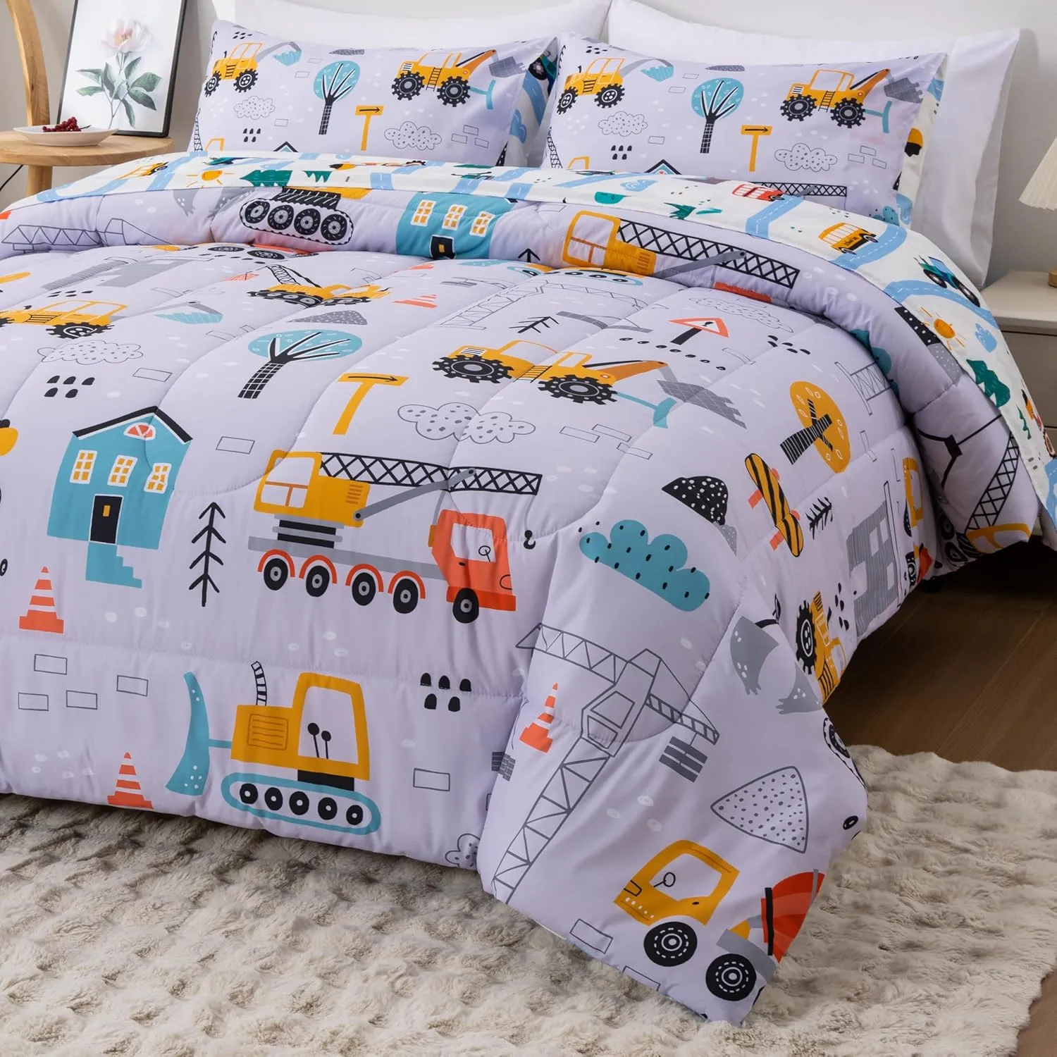 NTBED 5 Pieces Construction Cars Comforter Set Full for Boys Kids Bed in a Bag Vehicles Transportation Lightweight Microfiber Bedding Sets,Light Grey