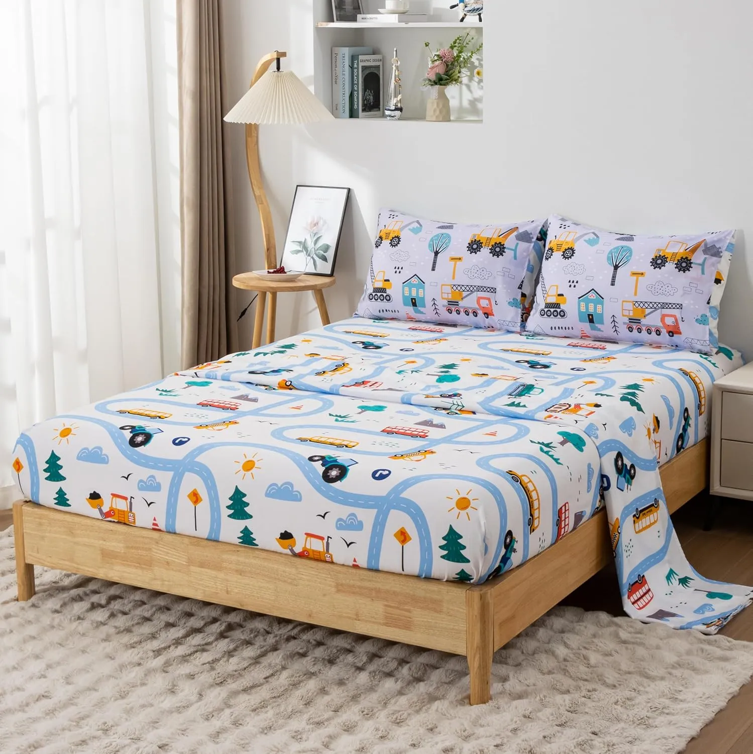 NTBED 5 Pieces Construction Cars Comforter Set Full for Boys Kids Bed in a Bag Vehicles Transportation Lightweight Microfiber Bedding Sets,Light Grey