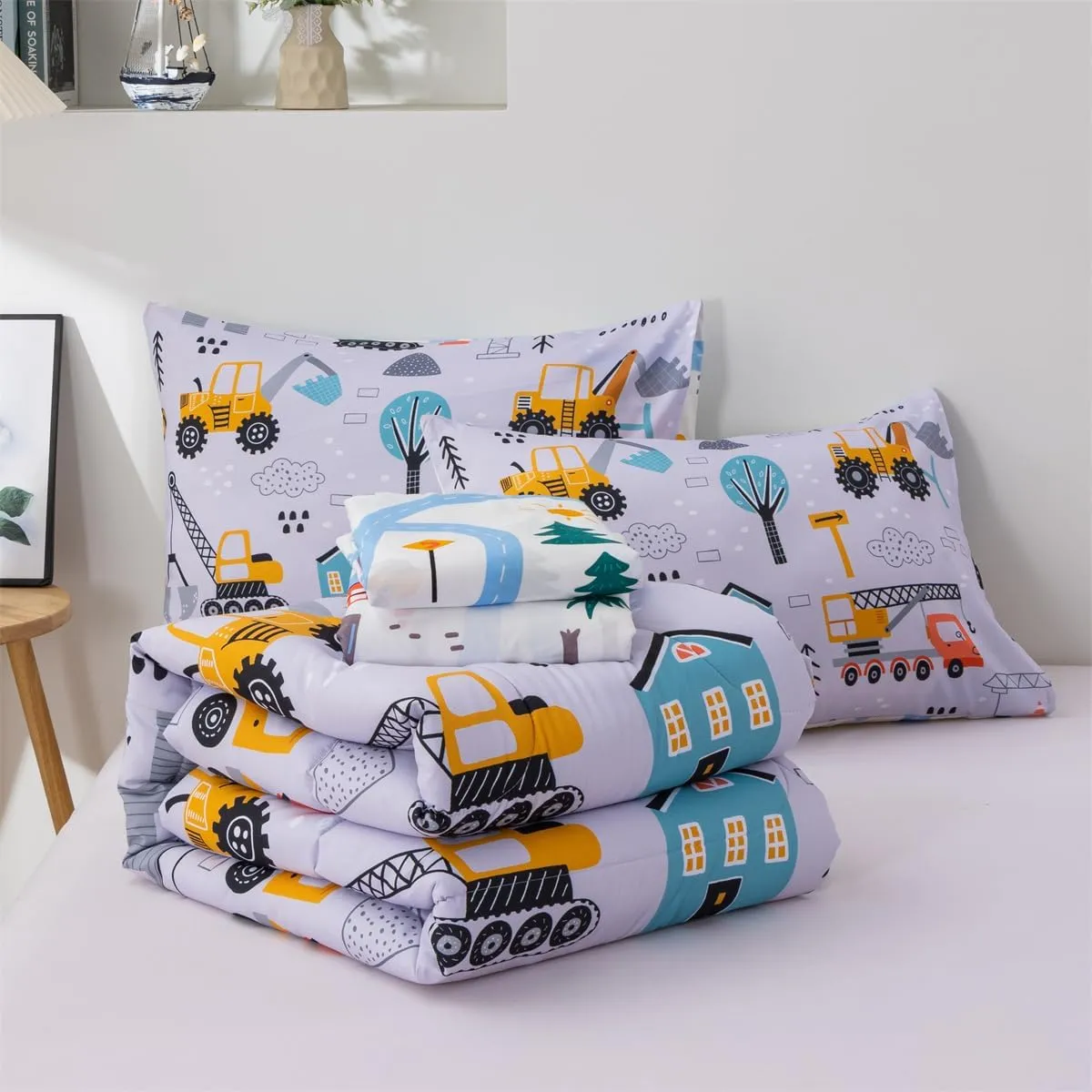 NTBED 5 Pieces Construction Cars Comforter Set Full for Boys Kids Bed in a Bag Vehicles Transportation Lightweight Microfiber Bedding Sets,Light Grey