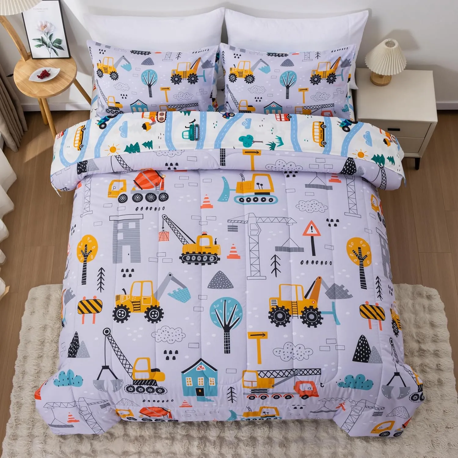 NTBED 5 Pieces Construction Cars Comforter Set Full for Boys Kids Bed in a Bag Vehicles Transportation Lightweight Microfiber Bedding Sets,Light Grey
