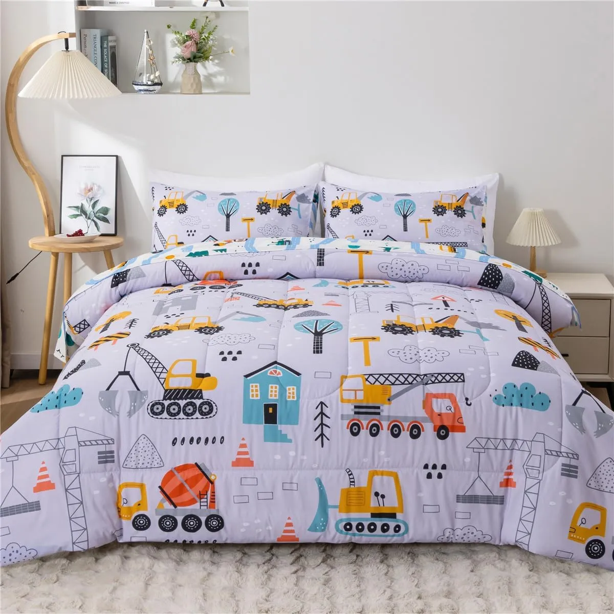 NTBED 5 Pieces Construction Cars Comforter Set Full for Boys Kids Bed in a Bag Vehicles Transportation Lightweight Microfiber Bedding Sets,Light Grey