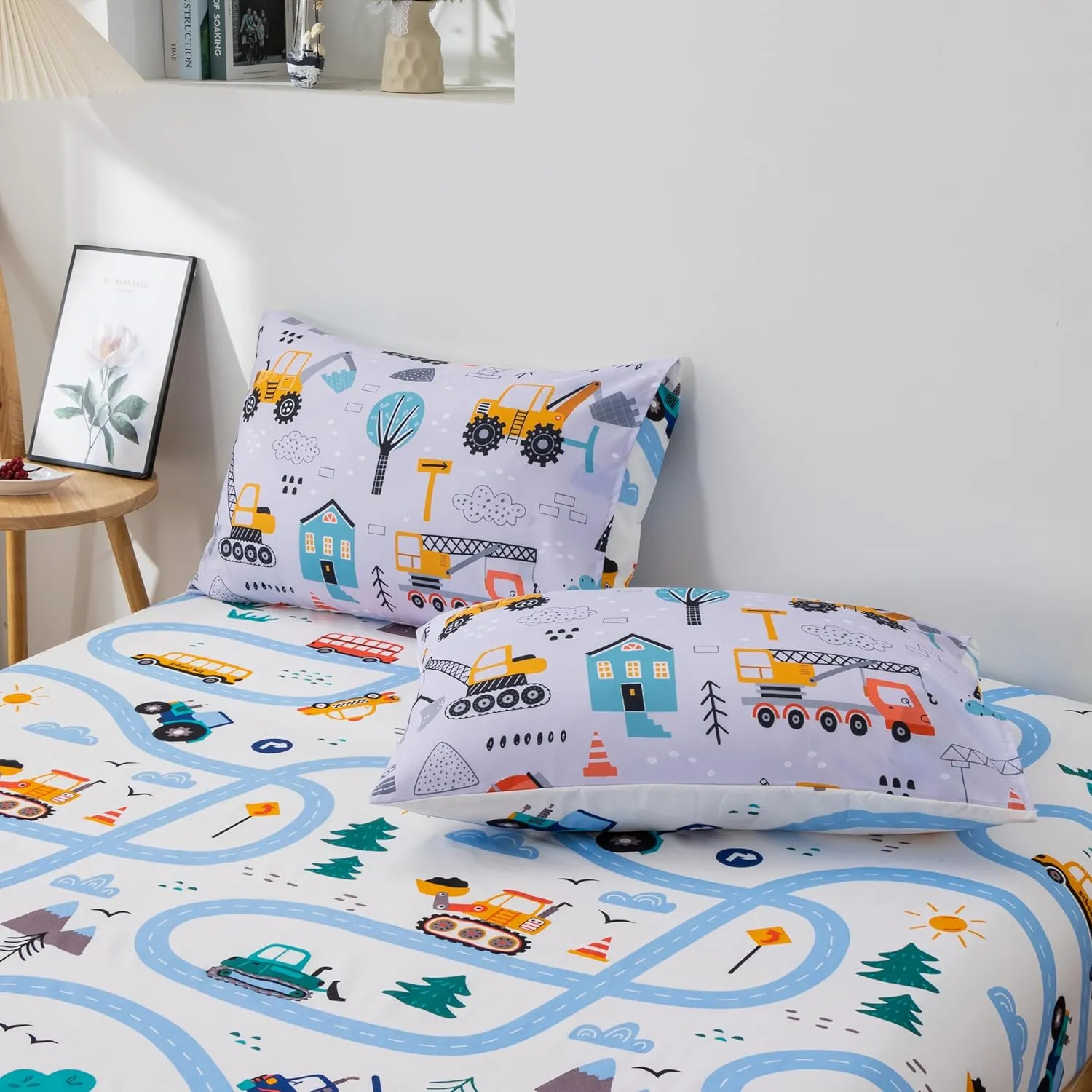 NTBED 5 Pieces Construction Cars Comforter Set Full for Boys Kids Bed in a Bag Vehicles Transportation Lightweight Microfiber Bedding Sets,Light Grey