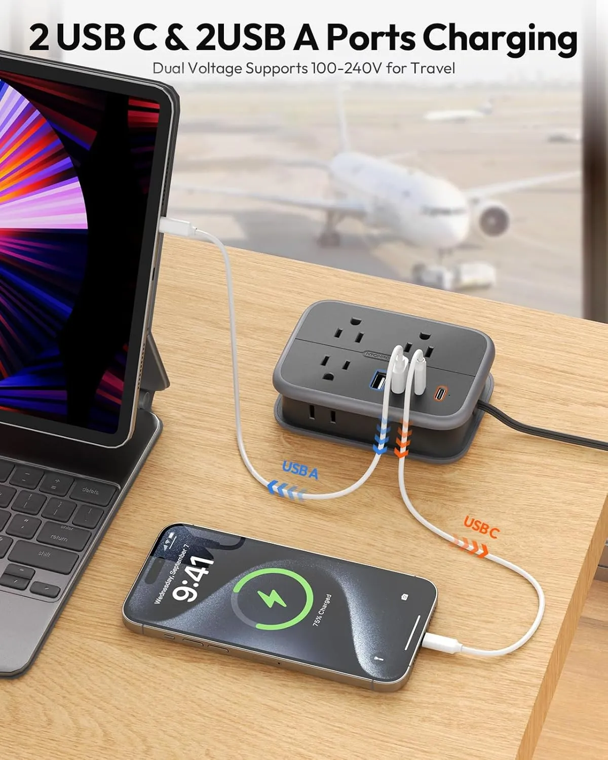 NTONPOWER Cruise Approved Power Strip, Wrapped 4 ft Extension Cord Flat Wall Plug with 6 Outlets 3 USB(1 USB C), Non Surge Protector for Cruise Ship, Hotel, Travel Essentials