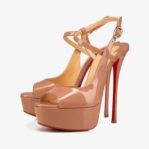 Nude Patent Leather Peep-Toe Pump