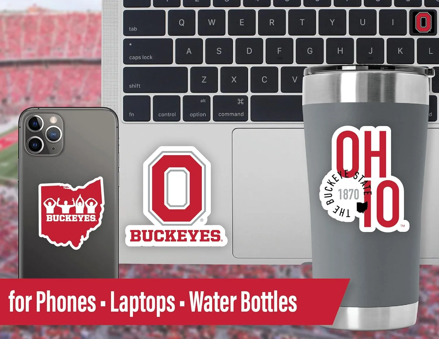 Ohio State Stickers (14 Stickers) 2 Large 5" for Car Windows 10 Medium 2.5" for Water Bottles Laptops Phones and 2 Mini Keyboard Decals OSU Buckeyes Gift for Men or Women Football Fans (Ohio Buckeyes)