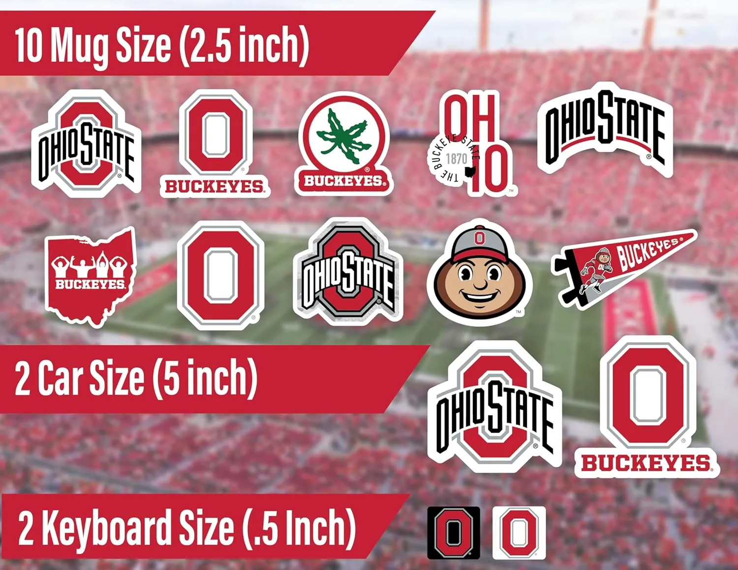 Ohio State Stickers (14 Stickers) 2 Large 5" for Car Windows 10 Medium 2.5" for Water Bottles Laptops Phones and 2 Mini Keyboard Decals OSU Buckeyes Gift for Men or Women Football Fans (Ohio Buckeyes)