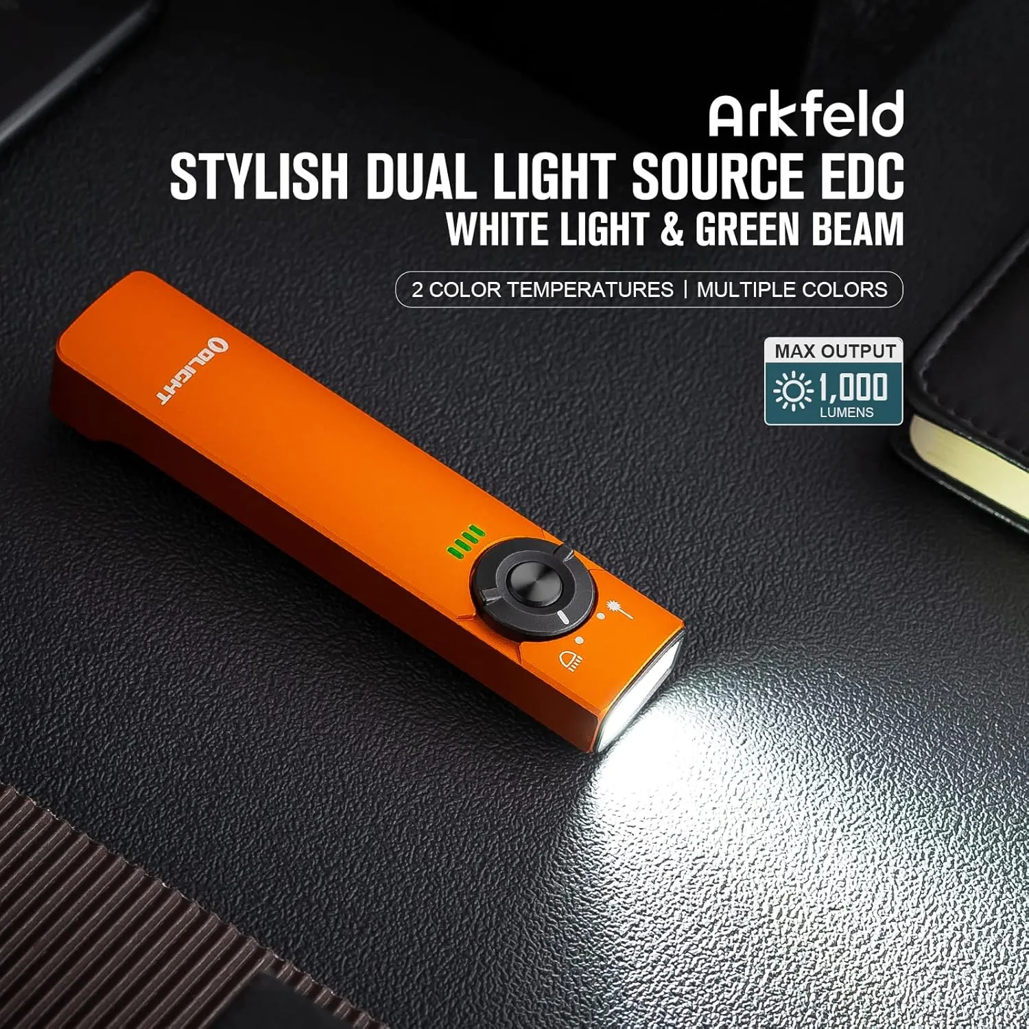 OLIGHT Arkfeld EDC Flat Flashlight, 1000 Lumens White LED Light with Green Beam Combo, Power by Rechargeable Built-in Battery for Outdoors, Emergency, Work (Orange CW)