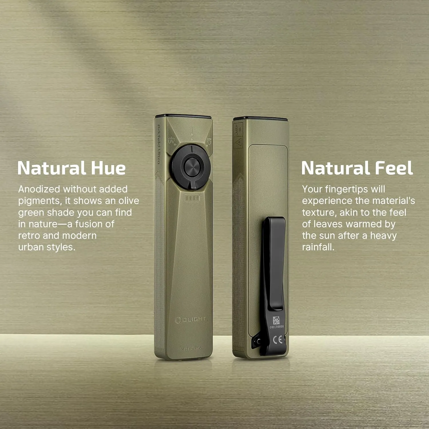 OLIGHT Arkfeld Ultra 1400 Lumens EDC Flat Flashlight, Rechargeable Compact Pocket Flash Light Combines White LED, UV and Green Beam, Triple Sources Perfect for Checking, Working (Olive-Green)