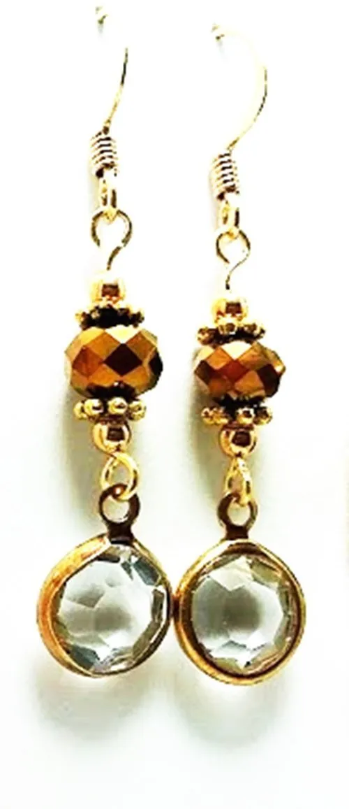 On a Clear Day - Clear Crystal Disc and Brass Color Glass Bead Drop Earrings