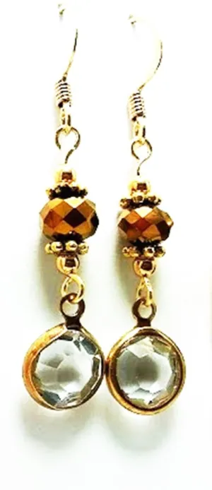 On a Clear Day - Clear Crystal Disc and Brass Color Glass Bead Drop Earrings